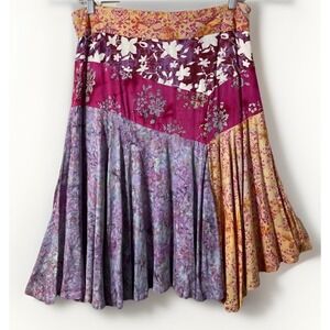 Santiki Tiered Patchwork Skirt XL Multicolor Floral Boho Full Flare Midi Rayon